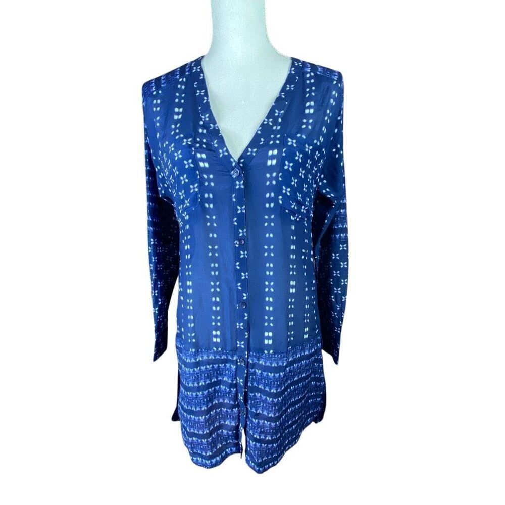 Athleta Womens Blue Ikat Print Silk Blend Kaftan Tunic Top Size XS